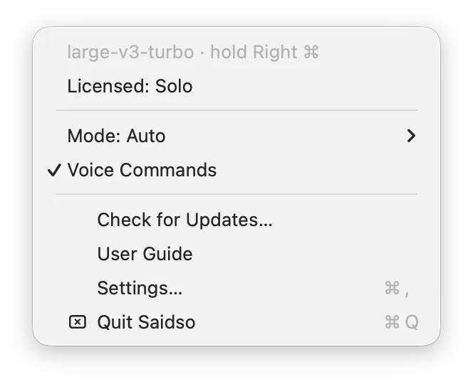 Saidso menu showing an active licence, model, and mode