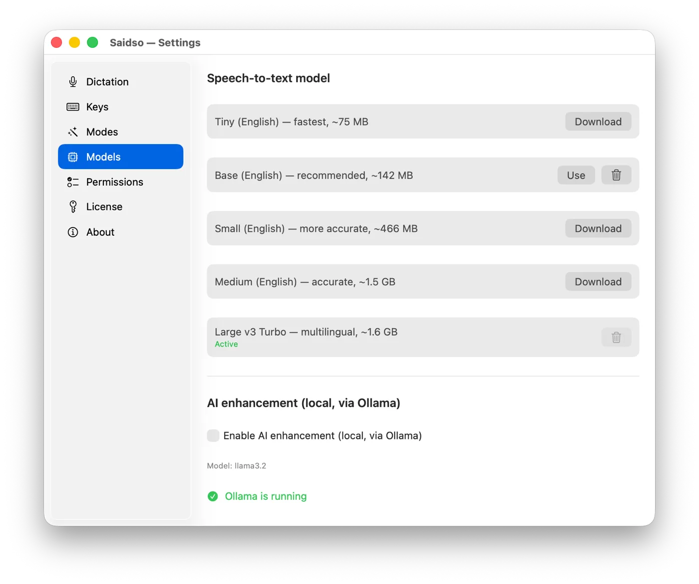 Saidso Settings on the Models section, with local Whisper models and on-device AI enhancement