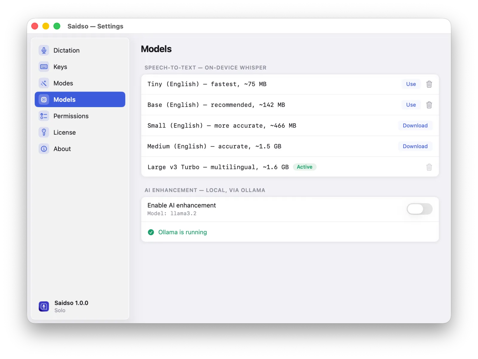 Saidso Settings on the Models section, with local Whisper models and on-device AI enhancement